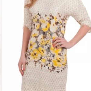 Meadow Rue Cream Midi Dress with Yellow Floral Motif